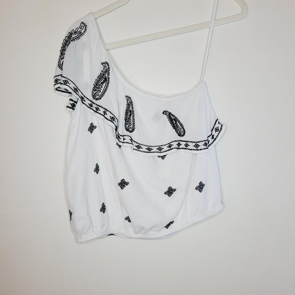 Free People Boho Top Women's Small White Black One Shoulder Paisley Ruffle